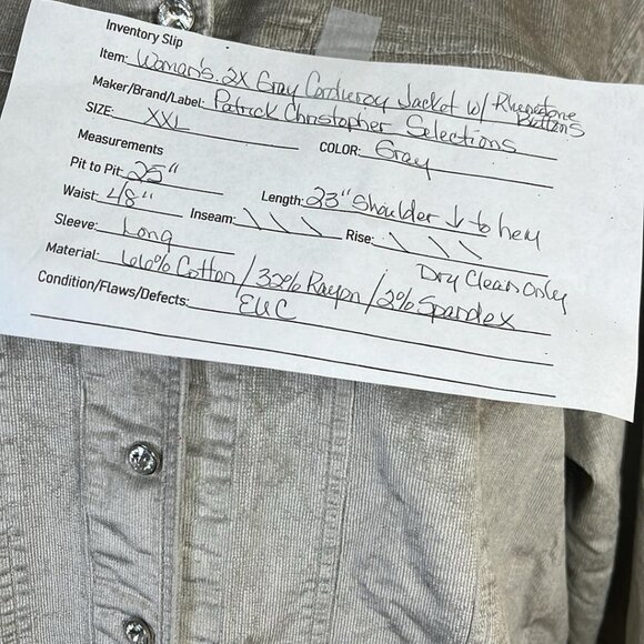 Patrick Christopher Grey 2XL Corduroy Jacket Rhinestone Buttons Cowgirl Chic - Picture 2 of 7